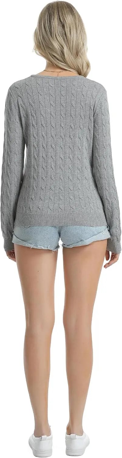 QUALFORT Women's 100% Cotton V Neck Cable Knit Pullover Sweaters
