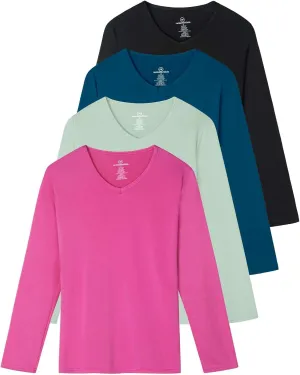 Real Essentials 4-Pack: Women's Dry-Fit Long-Sleeve V-Neck Athletic Workout Shirt (Available in Plus Size)