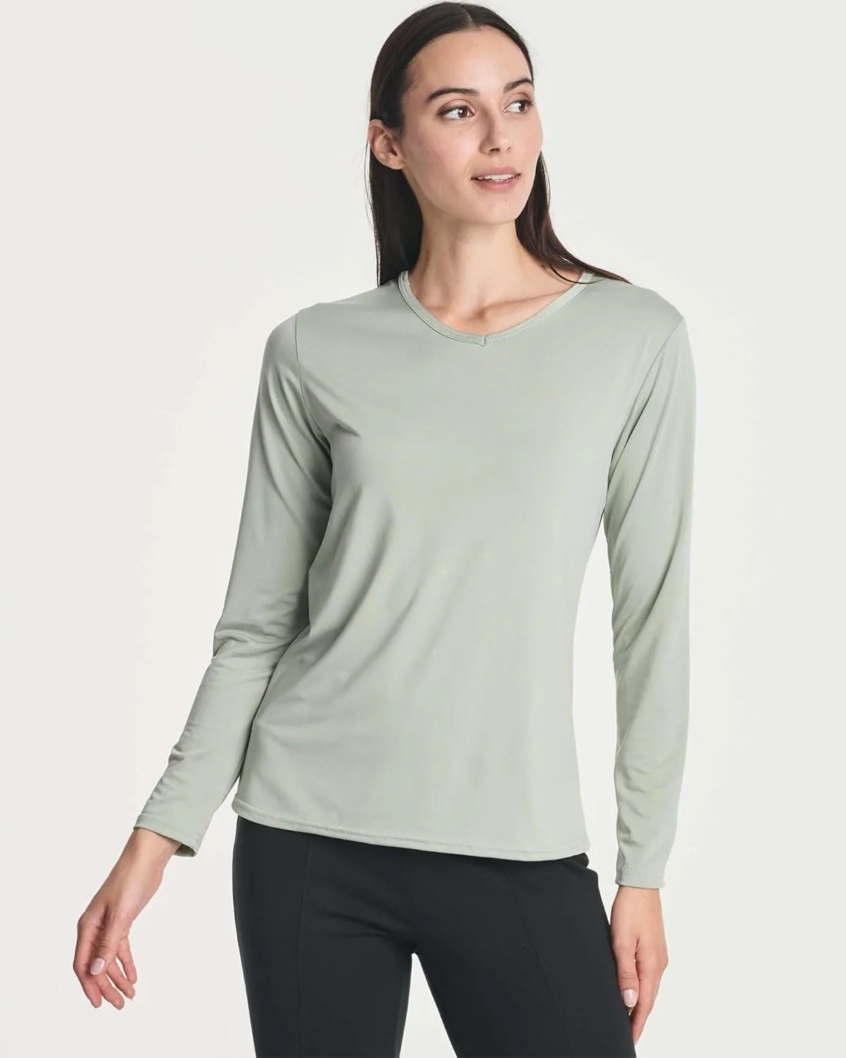 Real Essentials 4-Pack: Women's Dry-Fit Long-Sleeve V-Neck Athletic Workout Shirt (Available in Plus Size)