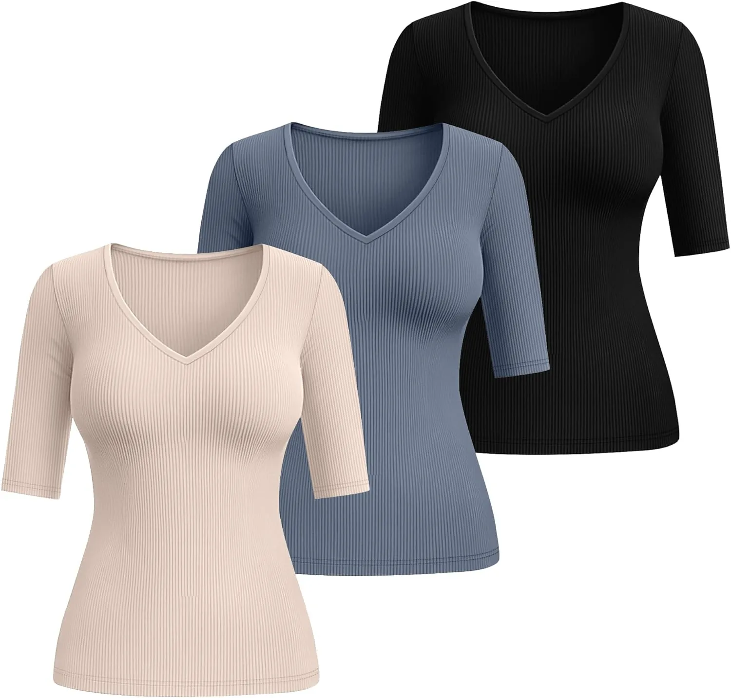 Riyiper 3 Pack Women's Half Sleeve Top Elbow Length Ribbed Cotton T Shirt Women V Neck Summer Tee Slim Fit Casual Blouses