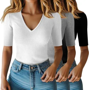 Riyiper 3 Pack Women's Half Sleeve Top Elbow Length Ribbed Cotton T Shirt Women V Neck Summer Tee Slim Fit Casual Blouses