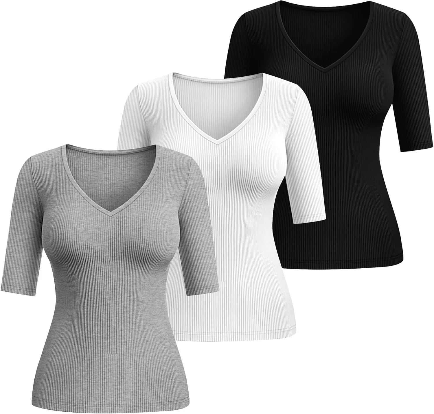 Riyiper 3 Pack Women's Half Sleeve Top Elbow Length Ribbed Cotton T Shirt Women V Neck Summer Tee Slim Fit Casual Blouses
