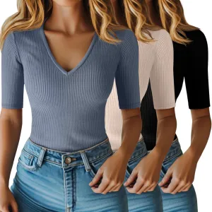 Riyiper 3 Pack Women's Half Sleeve Top Elbow Length Ribbed Cotton T Shirt Women V Neck Summer Tee Slim Fit Casual Blouses