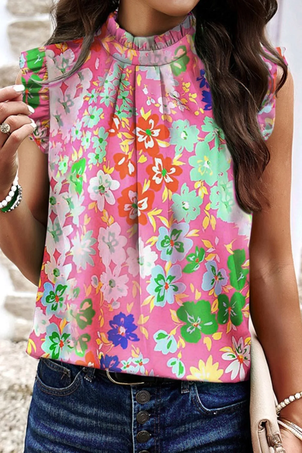 Ruffled Printed Mock Neck Cap Sleeve Blouse - 2 Colors