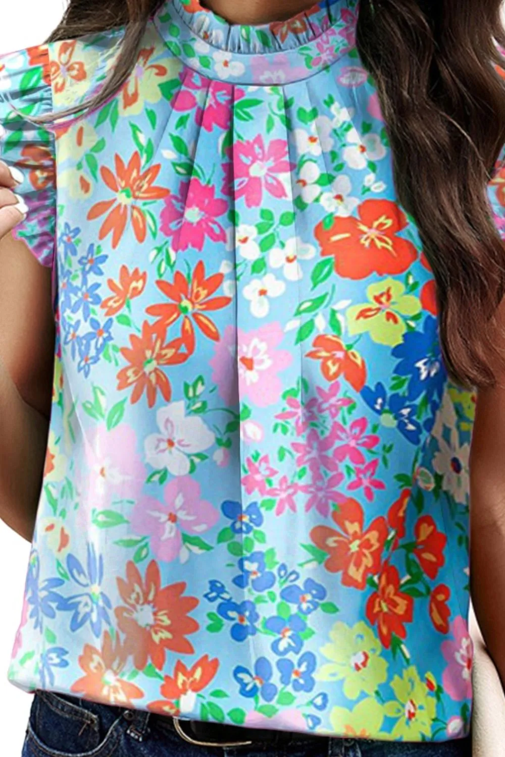 Ruffled Printed Mock Neck Cap Sleeve Blouse - 2 Colors