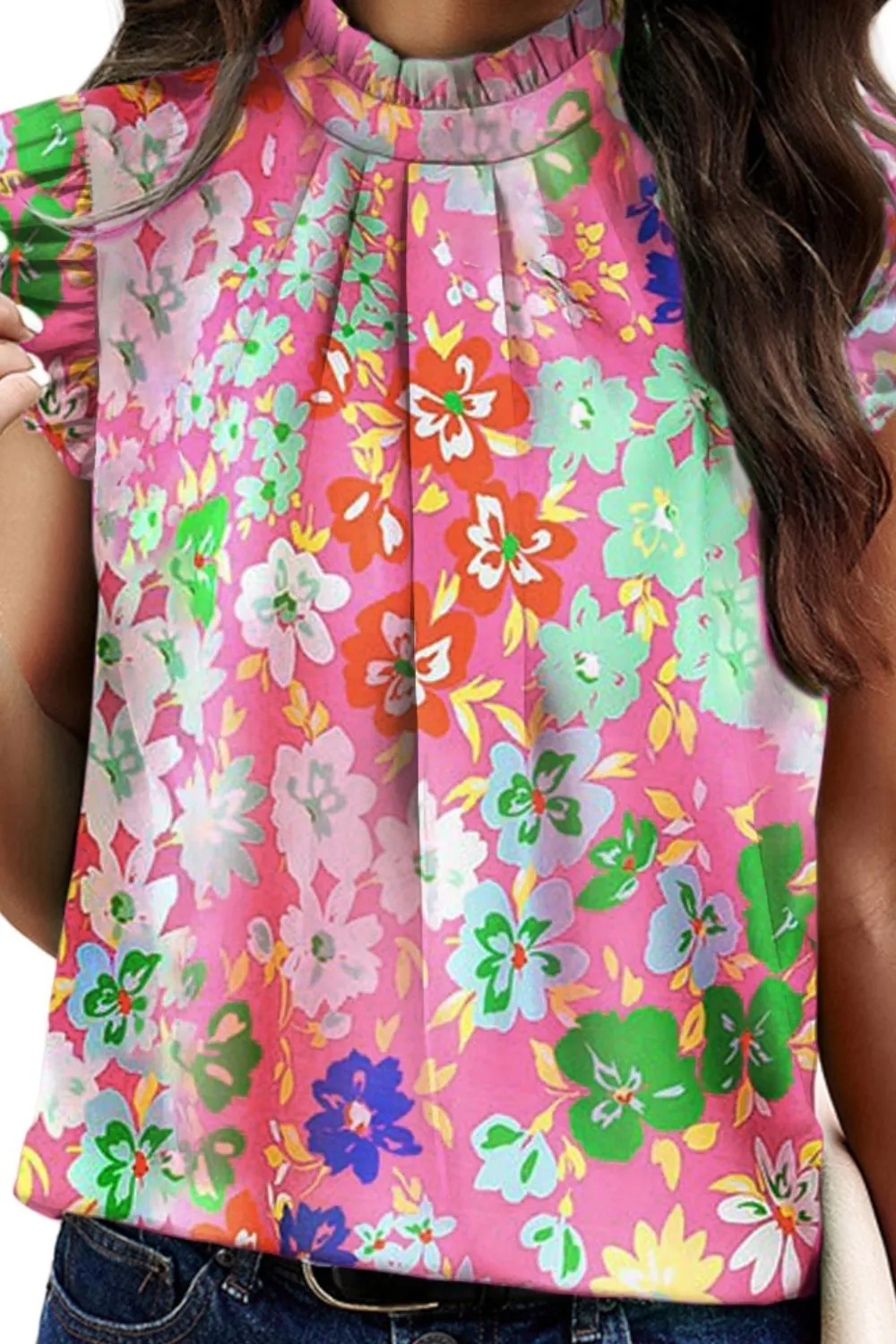 Ruffled Printed Mock Neck Cap Sleeve Blouse - 2 Colors