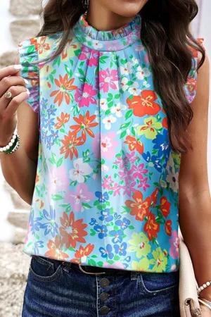 Ruffled Printed Mock Neck Cap Sleeve Blouse - 2 Colors
