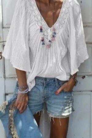 Ruffled V-neck Flared Blouse