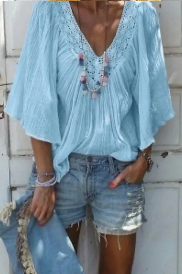 Ruffled V-neck Flared Blouse