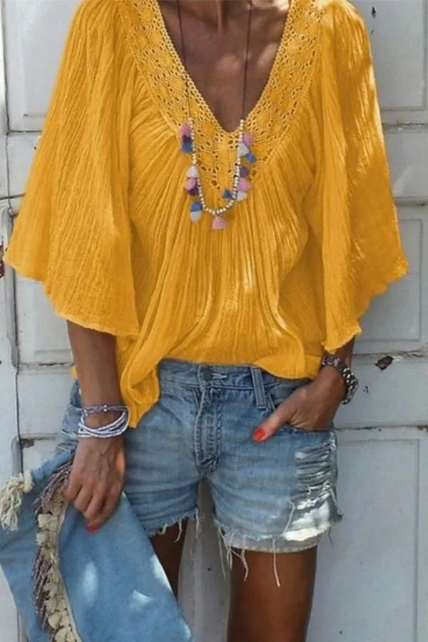 Ruffled V-neck Flared Blouse