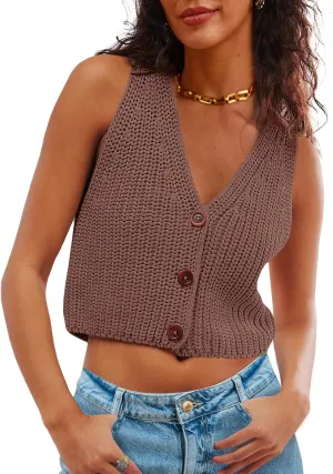 Saodimallsu Womens Cropped Sweater Vest V Neck Button Down Y2k Crop Knit Summer Trendy Sleeveless Chunky Tank Tops