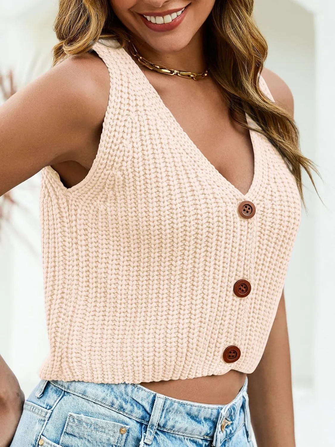 Saodimallsu Womens Cropped Sweater Vest V Neck Button Down Y2k Crop Knit Summer Trendy Sleeveless Chunky Tank Tops