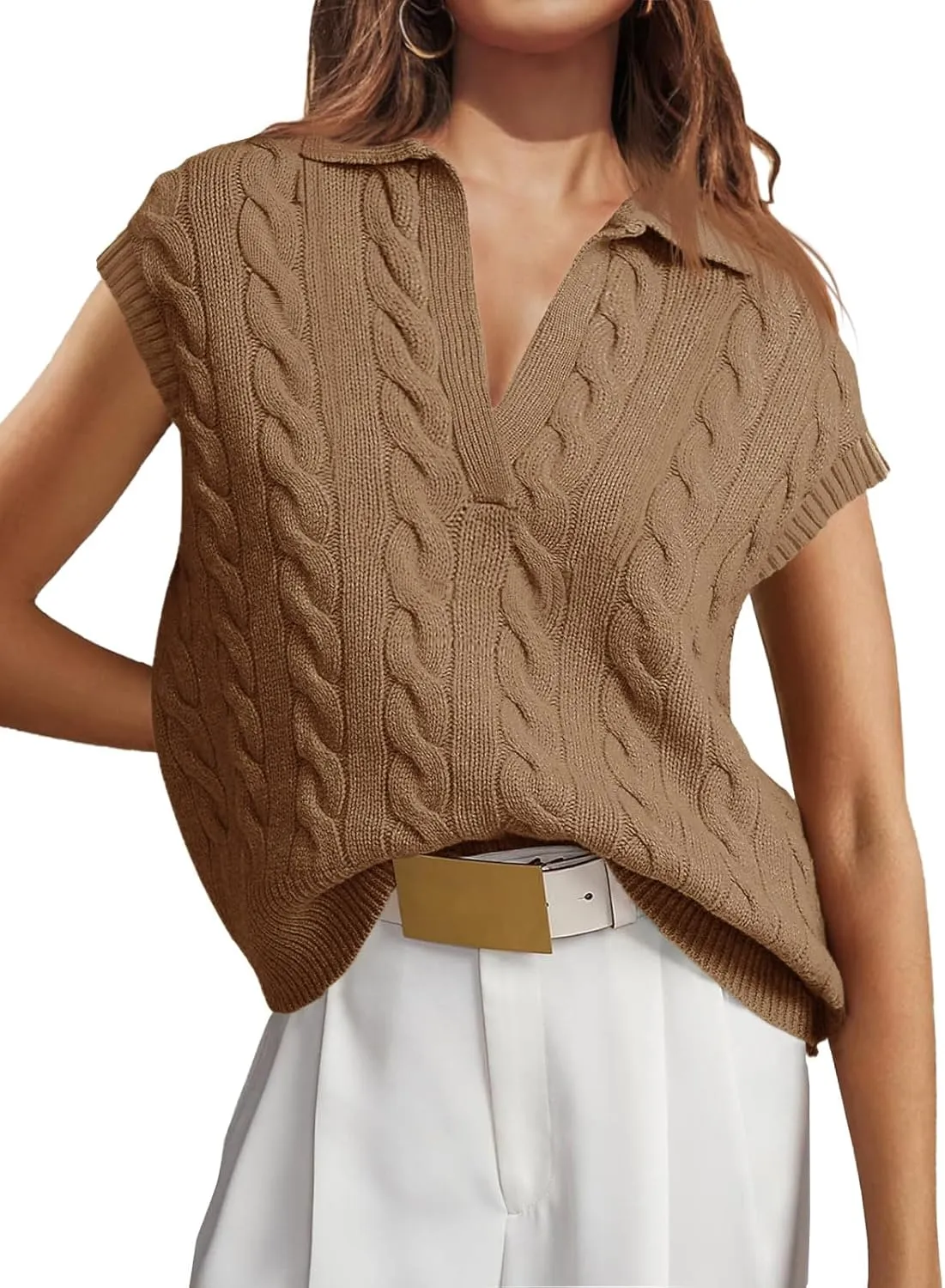 Saodimallsu Womens V Neck Polo Sweater Vest Cable Knit Cap Sleeve Spring Summer Casual Loose Pullover Tops