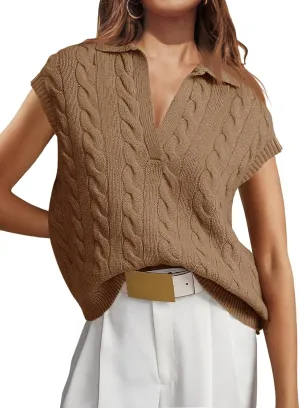 Saodimallsu Womens V Neck Polo Sweater Vest Cable Knit Cap Sleeve Spring Summer Casual Loose Pullover Tops
