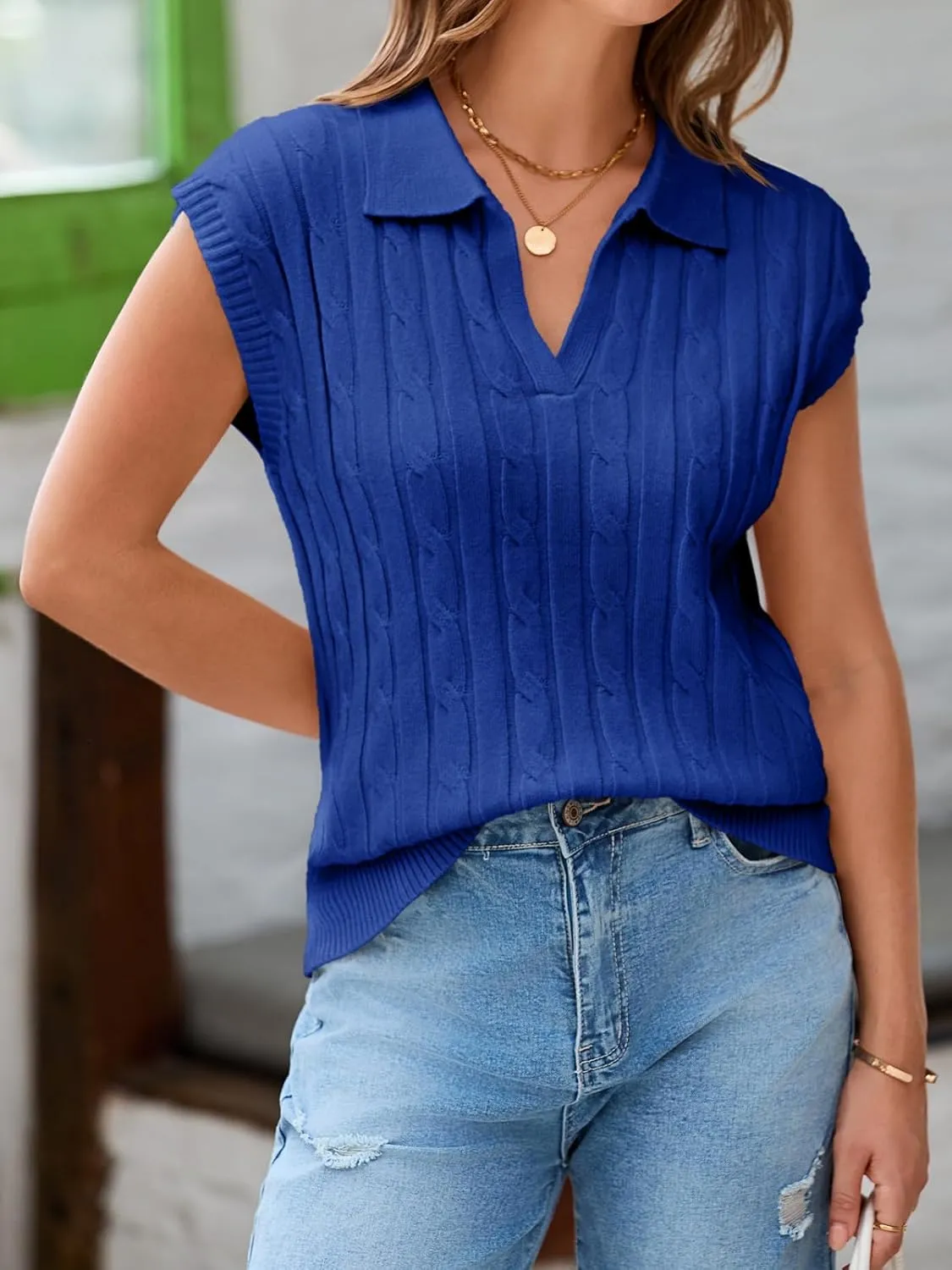 Saodimallsu Womens V Neck Polo Sweater Vest Cable Knit Cap Sleeve Spring Summer Casual Loose Pullover Tops