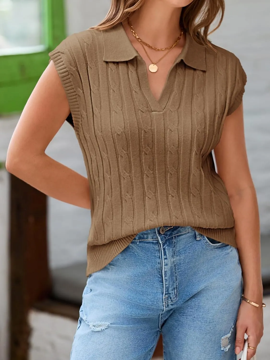 Saodimallsu Womens V Neck Polo Sweater Vest Cable Knit Cap Sleeve Spring Summer Casual Loose Pullover Tops