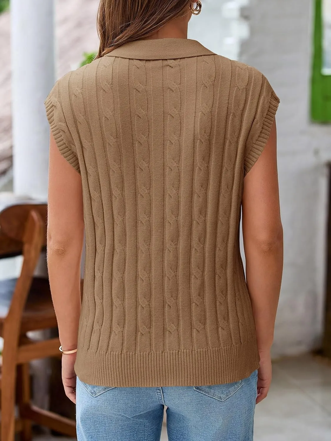 Saodimallsu Womens V Neck Polo Sweater Vest Cable Knit Cap Sleeve Spring Summer Casual Loose Pullover Tops