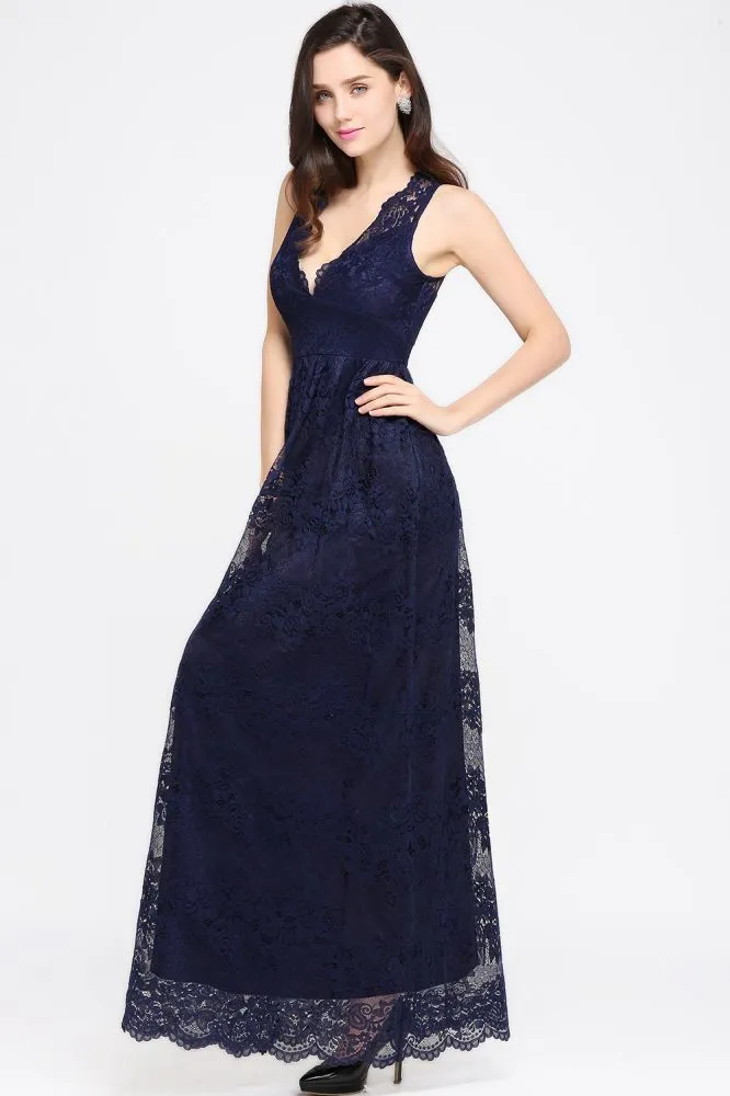 Sheath V-neck Floor-length Lace Navy Blue Formal Dress