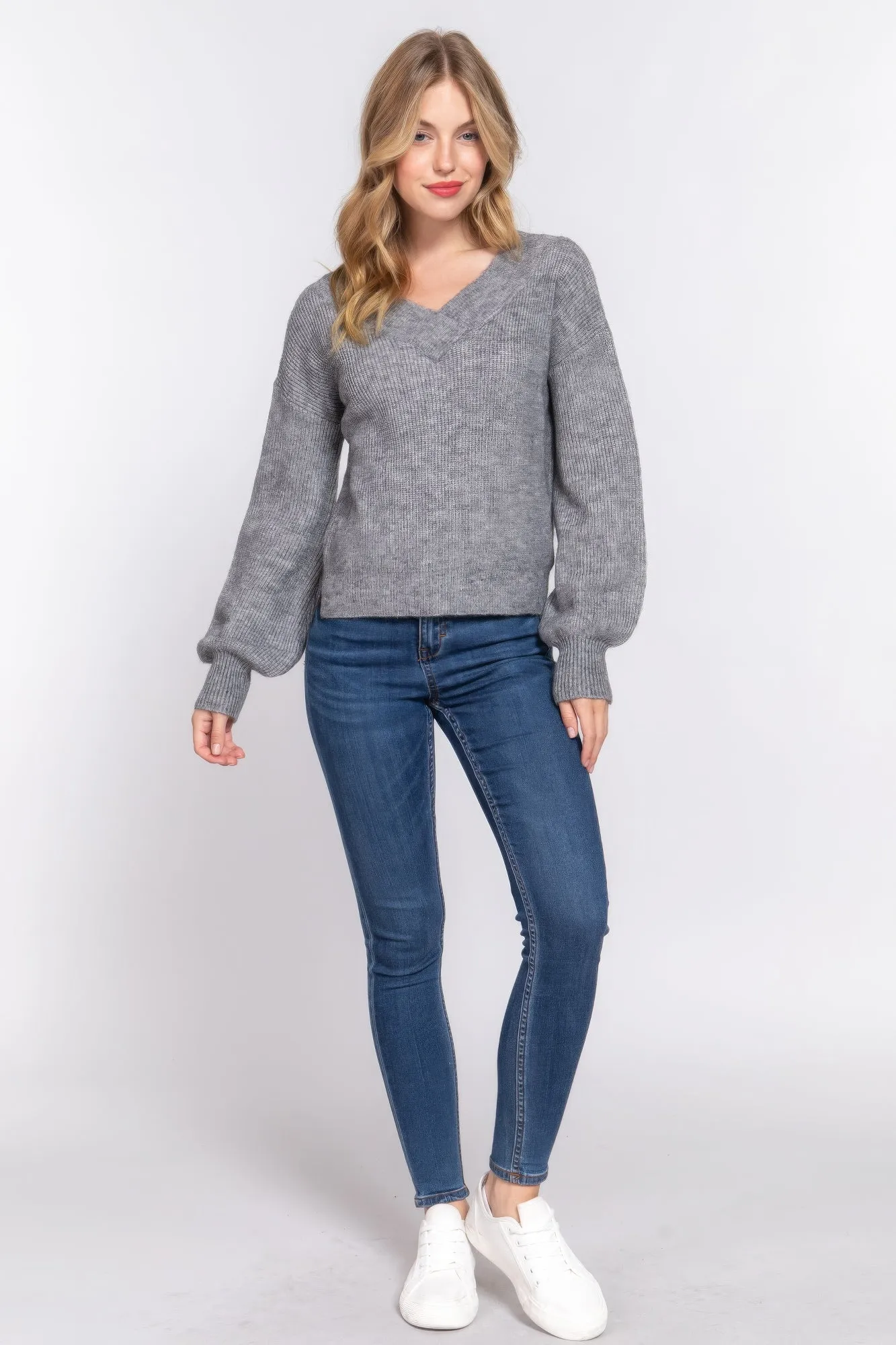 Simple Stylish Long Sleeve Double V-Neck Sweater