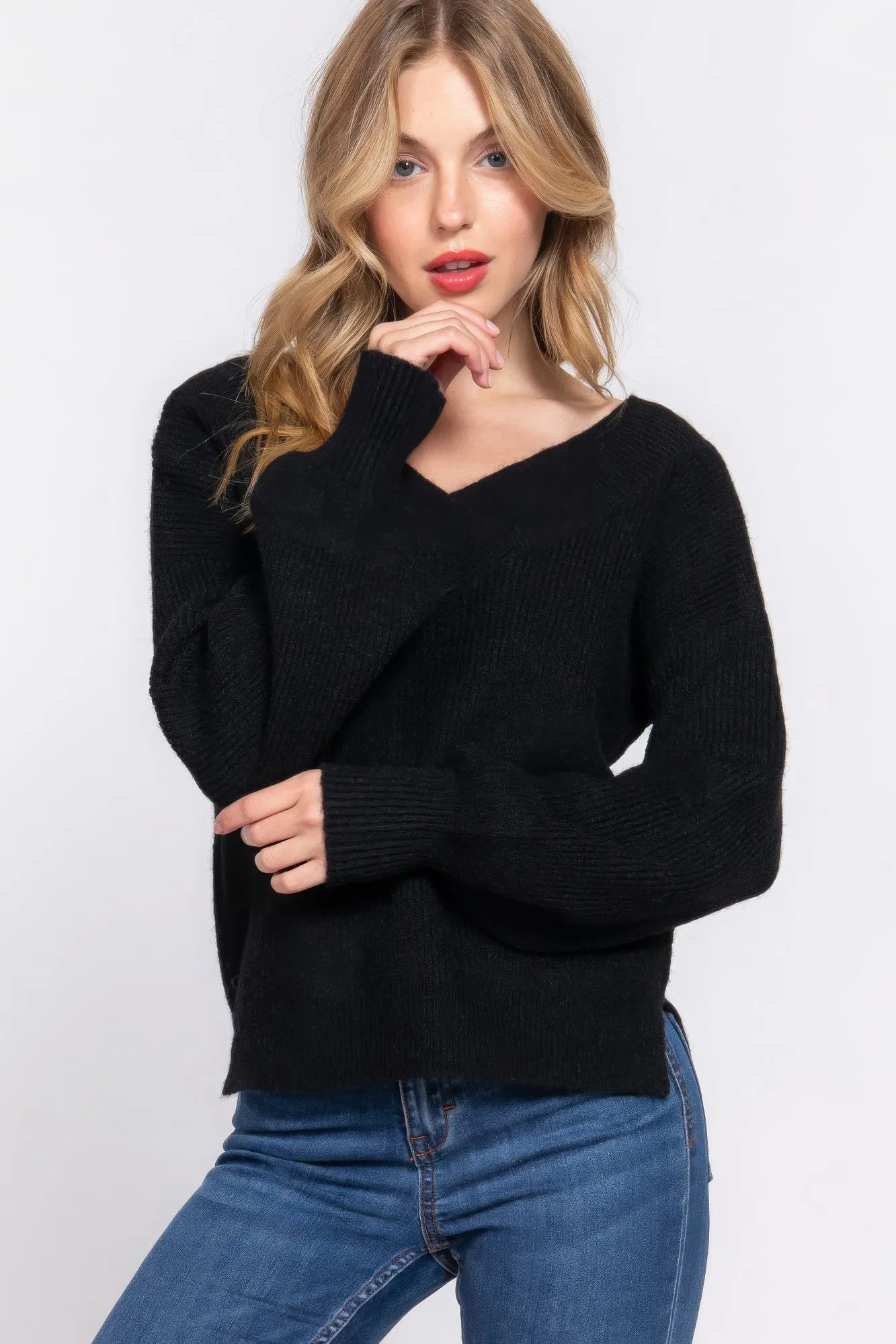 Simple Stylish Long Sleeve Double V-Neck Sweater