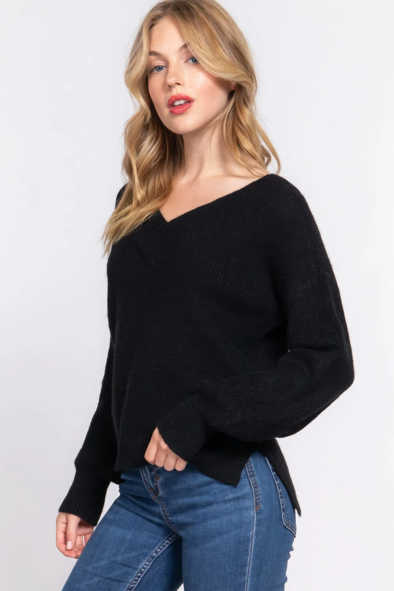 Simple Stylish Long Sleeve Double V-Neck Sweater