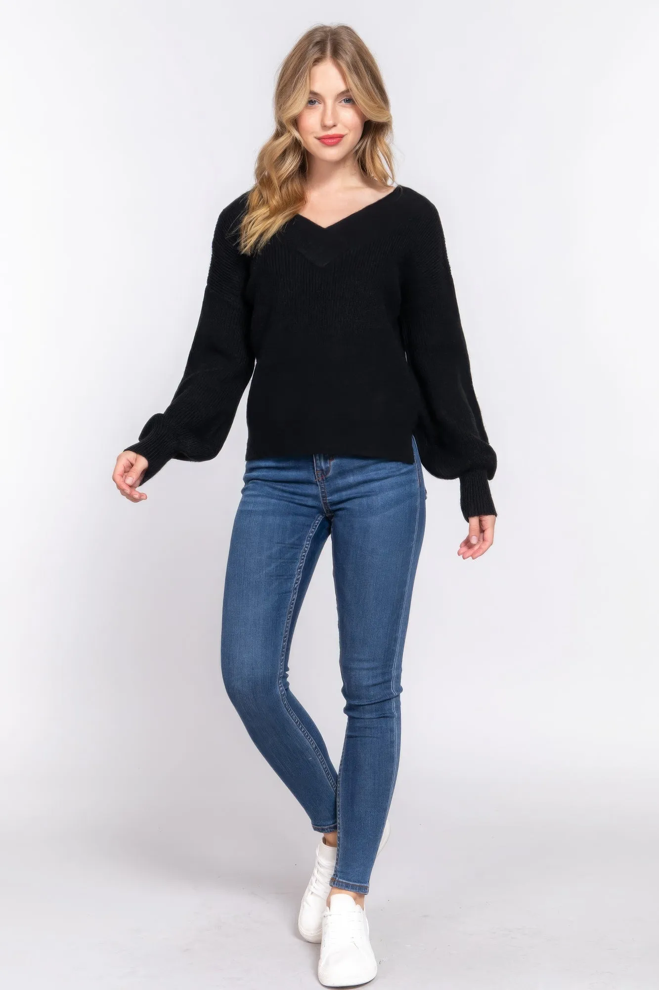 Simple Stylish Long Sleeve Double V-Neck Sweater