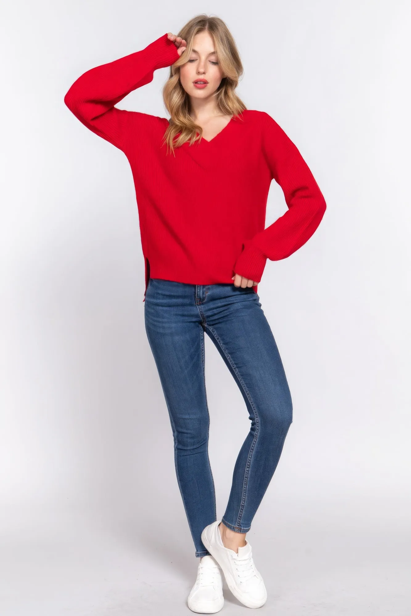 Simple Stylish Long Sleeve Double V-Neck Sweater