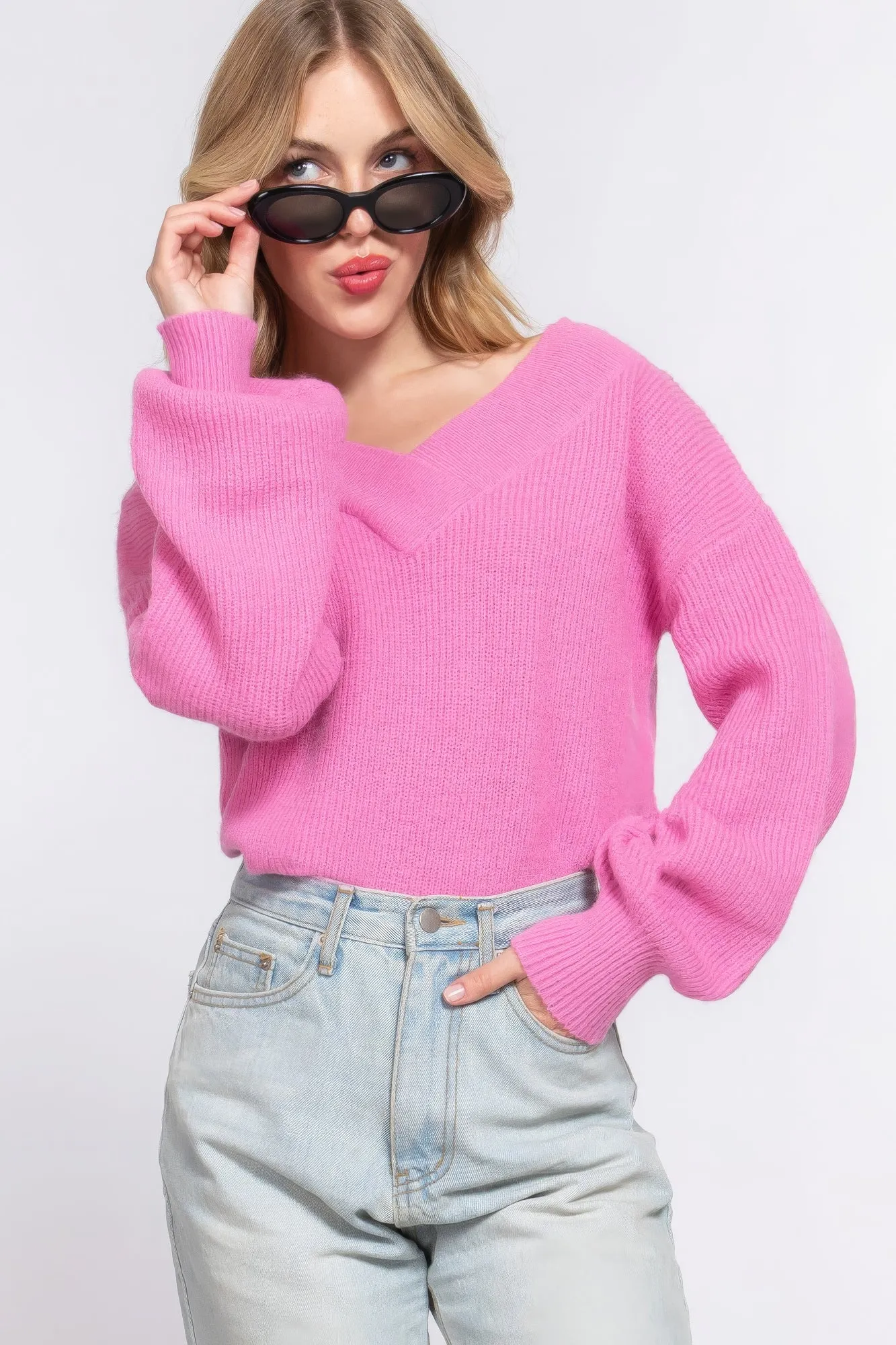 Simple Stylish Long Sleeve Double V-Neck Sweater