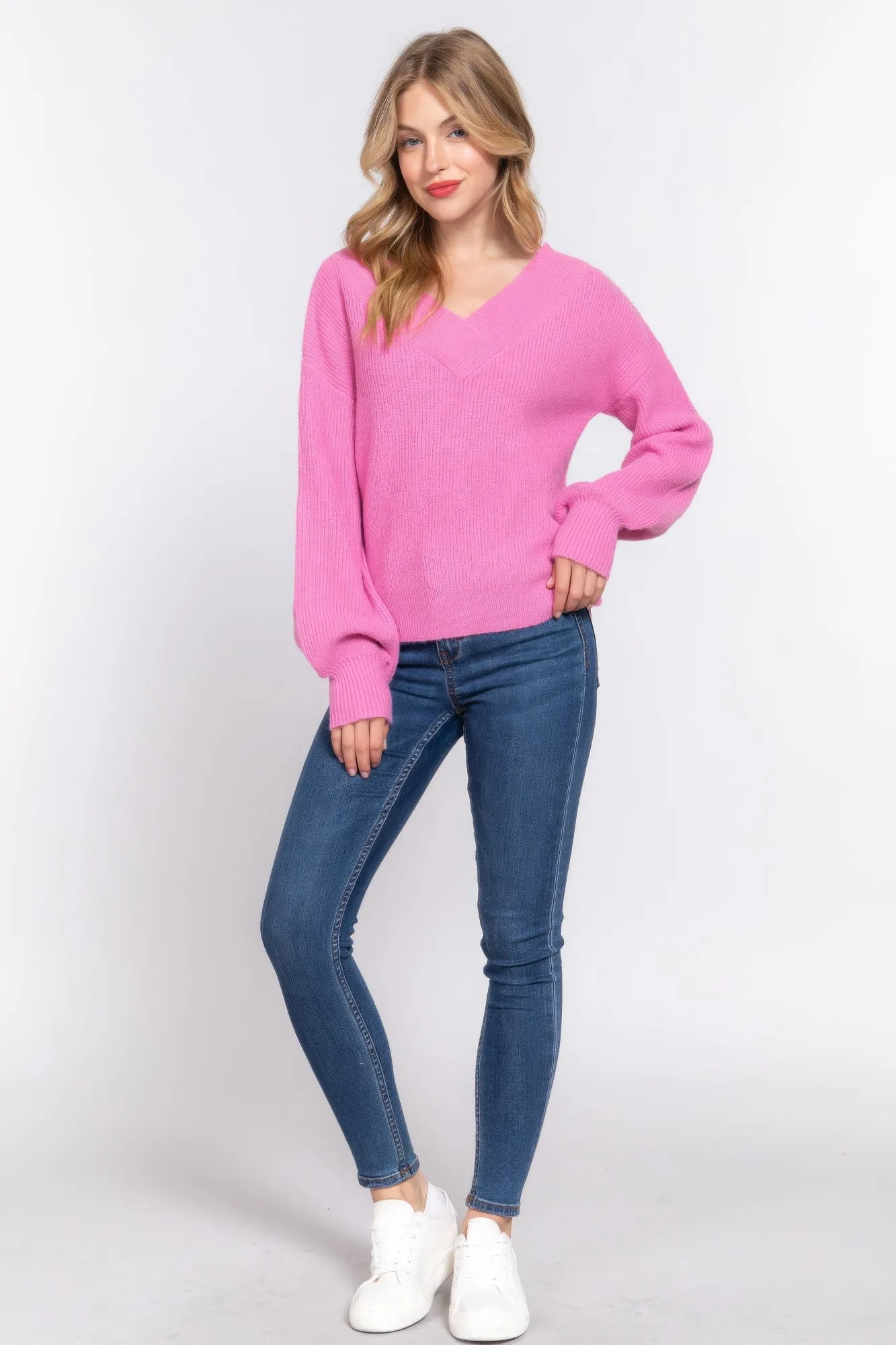 Simple Stylish Long Sleeve Double V-Neck Sweater