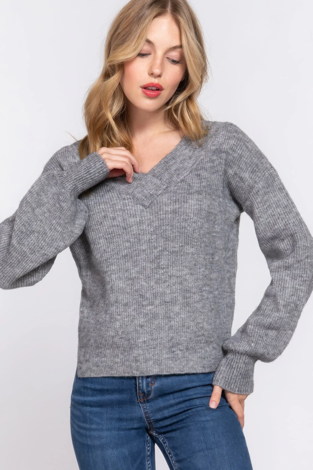 Simple Stylish Long Sleeve Double V-Neck Sweater
