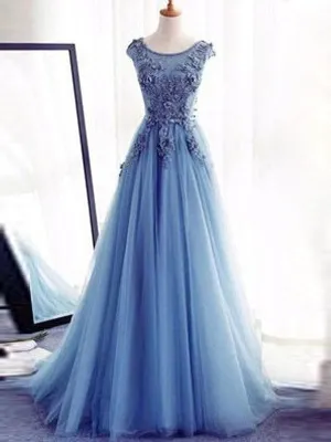 Sleeveless Jewel Neck Aline Evening Dress Applique Tulle Dresses