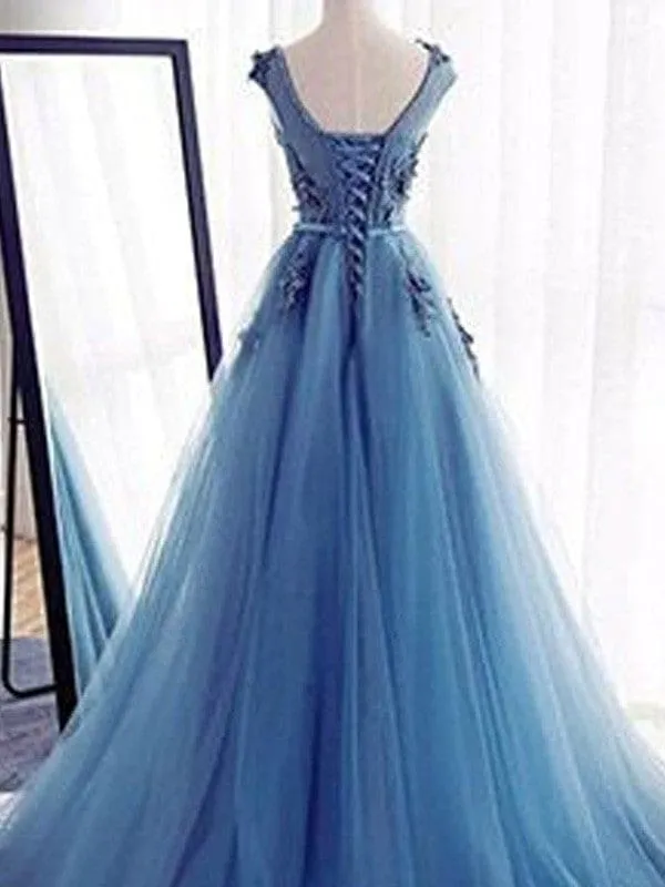 Sleeveless Jewel Neck Aline Evening Dress Applique Tulle Dresses