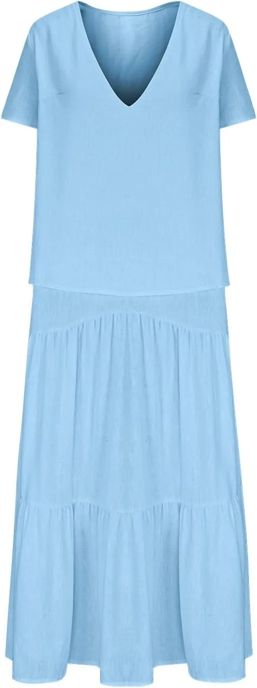 Summer Dresses for Women 2025 Casual Loose V Neck Linen Dress Vacation Flowy Beach Cover Up Maxi Dress Sundresses