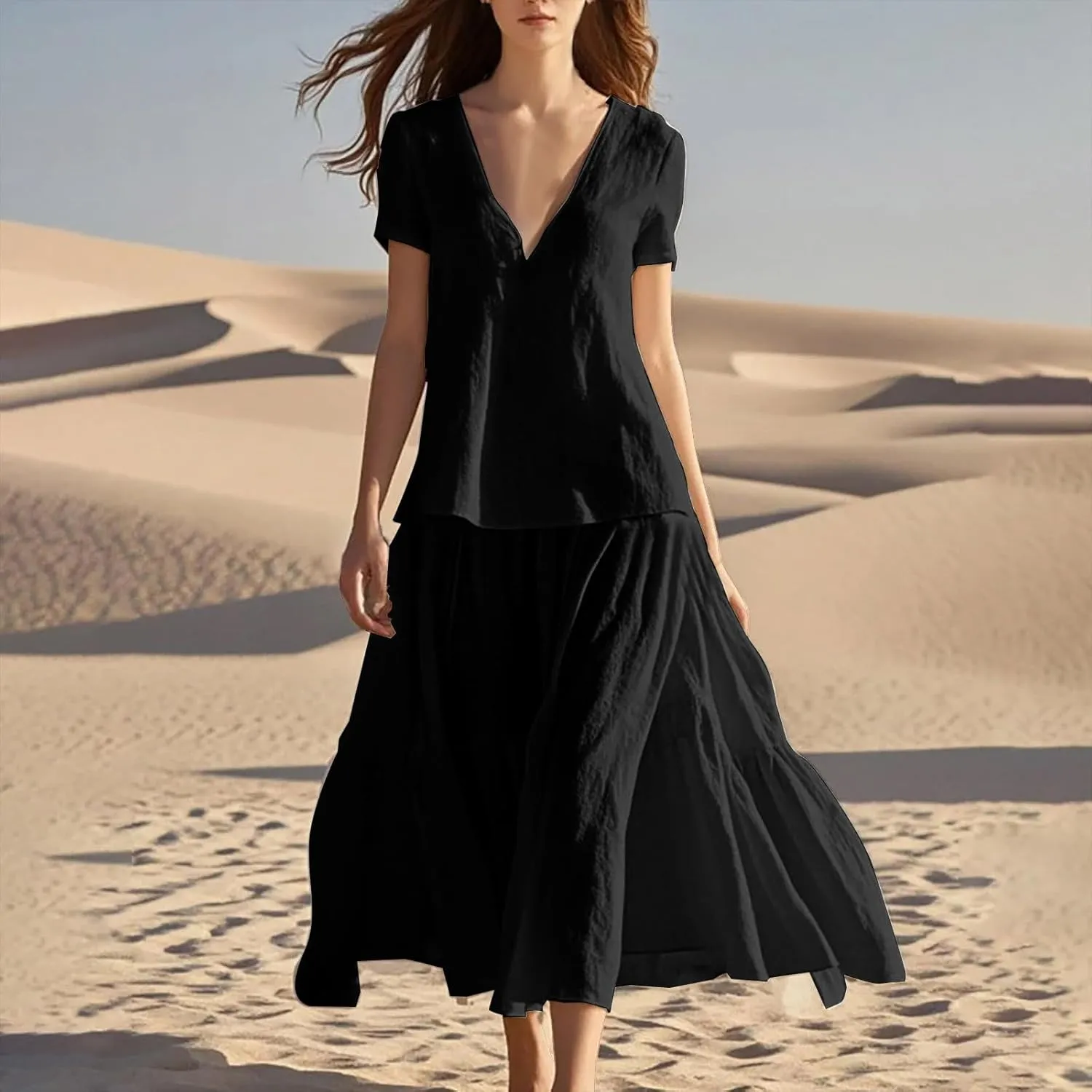 Summer Dresses for Women 2025 Casual Loose V Neck Linen Dress Vacation Flowy Beach Cover Up Maxi Dress Sundresses