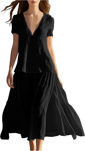 Summer Dresses for Women 2025 Casual Loose V Neck Linen Dress Vacation Flowy Beach Cover Up Maxi Dress Sundresses