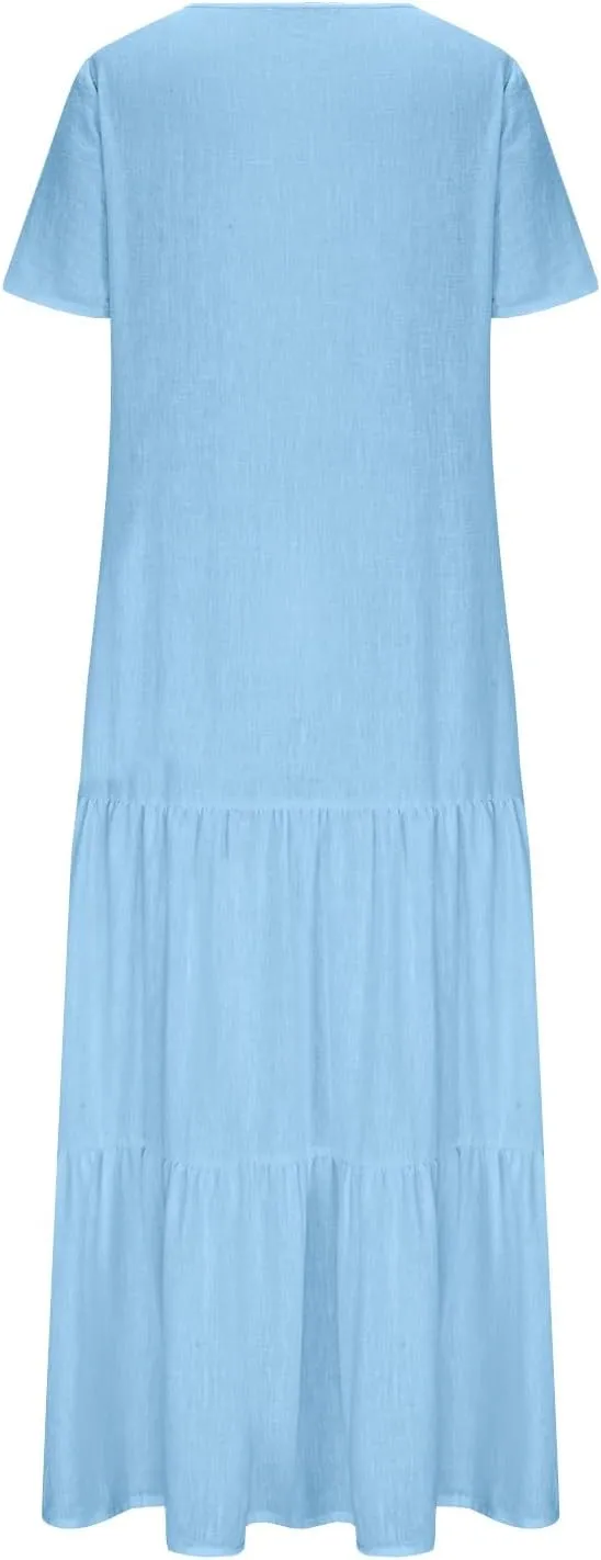 Summer Dresses for Women 2025 Casual Loose V Neck Linen Dress Vacation Flowy Beach Cover Up Maxi Dress Sundresses