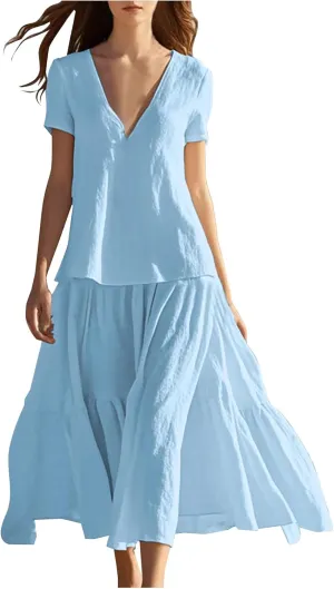 Summer Dresses for Women 2025 Casual Loose V Neck Linen Dress Vacation Flowy Beach Cover Up Maxi Dress Sundresses