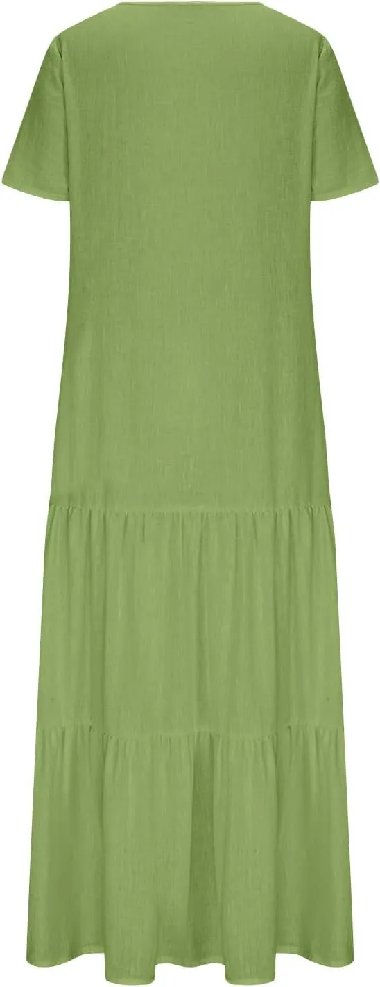 Summer Dresses for Women 2025 Casual Loose V Neck Linen Dress Vacation Flowy Beach Cover Up Maxi Dress Sundresses