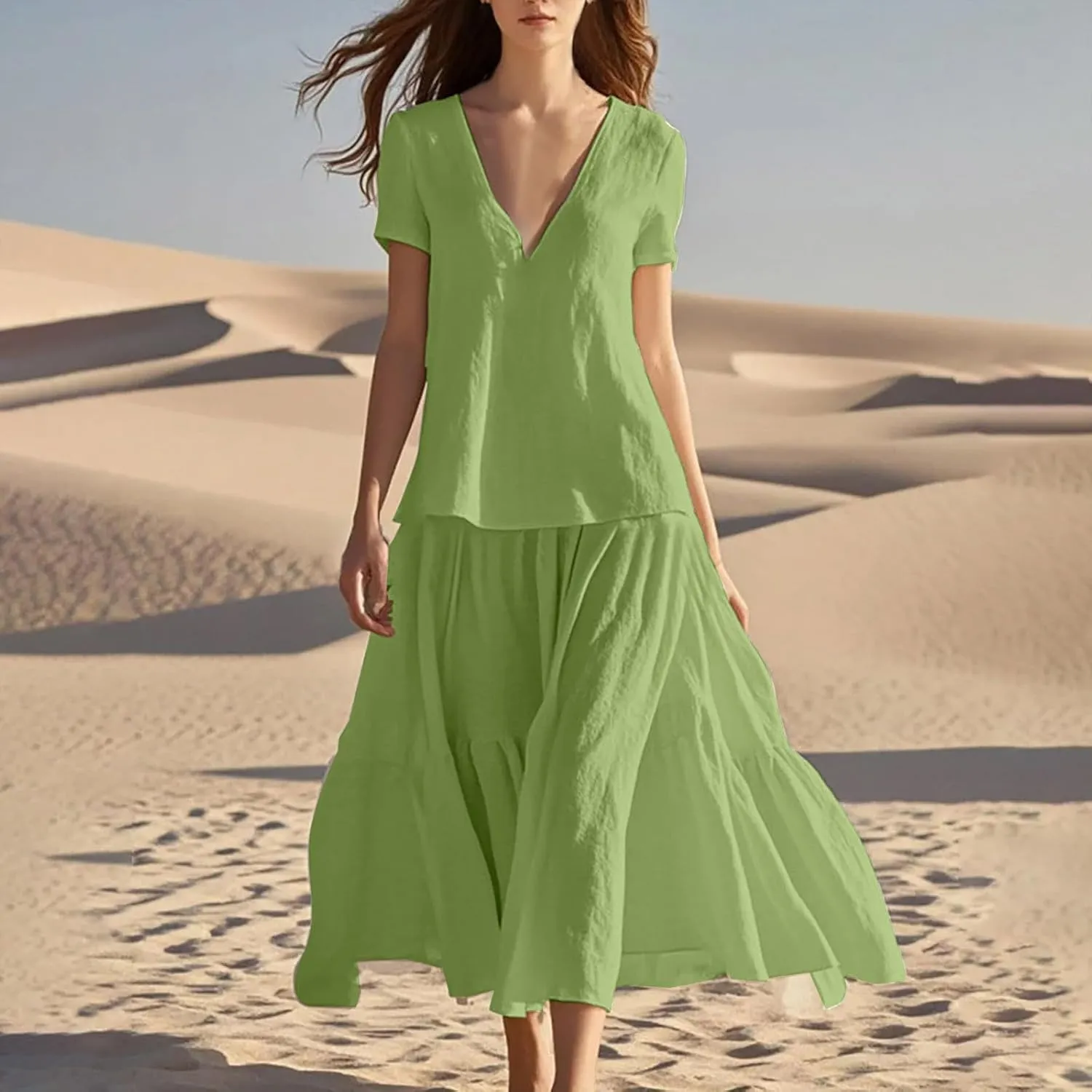 Summer Dresses for Women 2025 Casual Loose V Neck Linen Dress Vacation Flowy Beach Cover Up Maxi Dress Sundresses