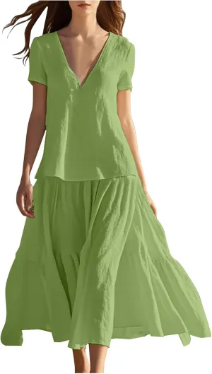 Summer Dresses for Women 2025 Casual Loose V Neck Linen Dress Vacation Flowy Beach Cover Up Maxi Dress Sundresses