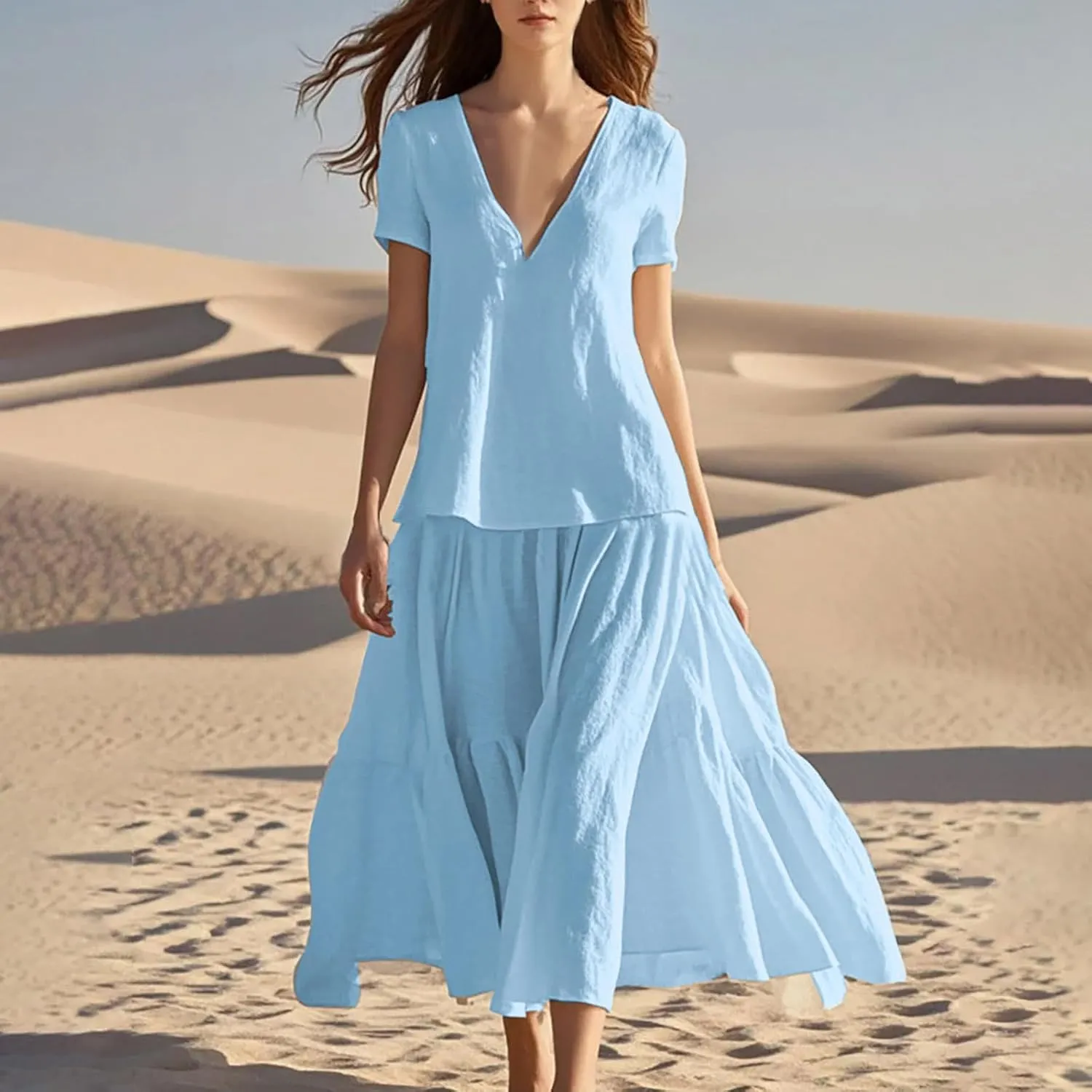 Summer Dresses for Women 2025 Casual Loose V Neck Linen Dress Vacation Flowy Beach Cover Up Maxi Dress Sundresses