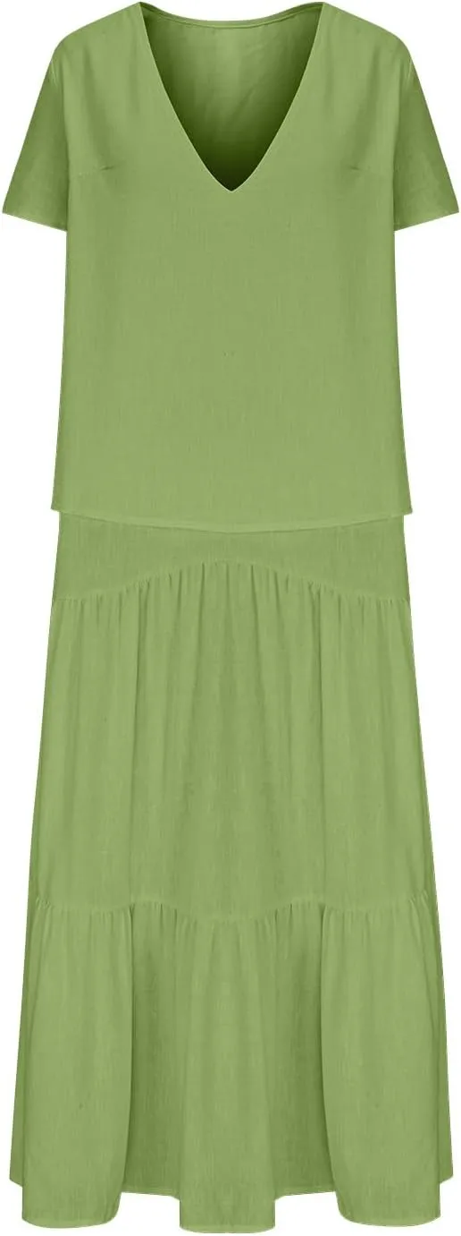 Summer Dresses for Women 2025 Casual Loose V Neck Linen Dress Vacation Flowy Beach Cover Up Maxi Dress Sundresses