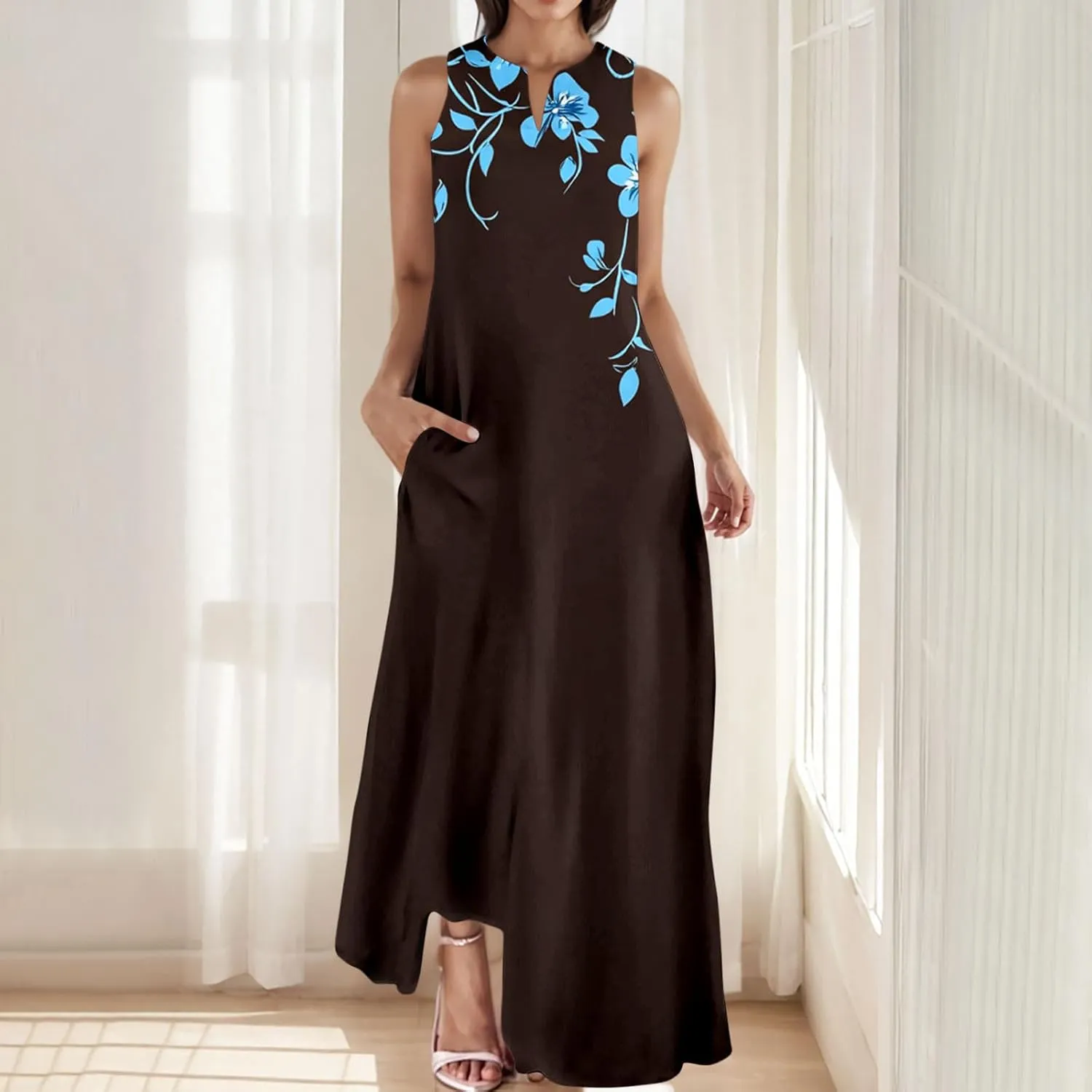 Summer Dresses for Women 2025 Vacation Crewneck Sleeveless Sundresses Casual Loose Flowy Floral Boho Beach Long Dress
