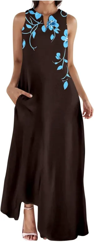 Summer Dresses for Women 2025 Vacation Crewneck Sleeveless Sundresses Casual Loose Flowy Floral Boho Beach Long Dress