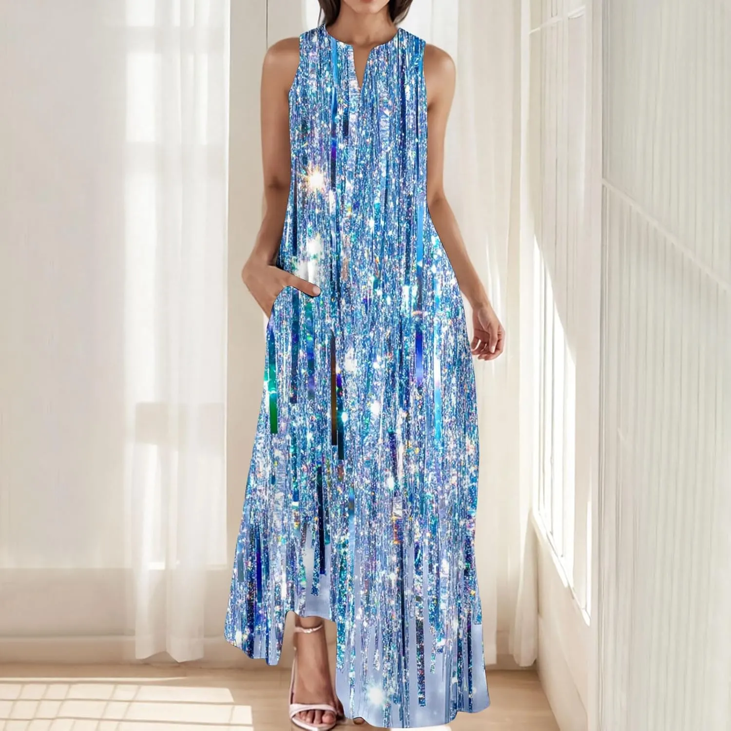 Summer Dresses for Women 2025 Vacation Crewneck Sleeveless Sundresses Casual Loose Flowy Floral Boho Beach Long Dress