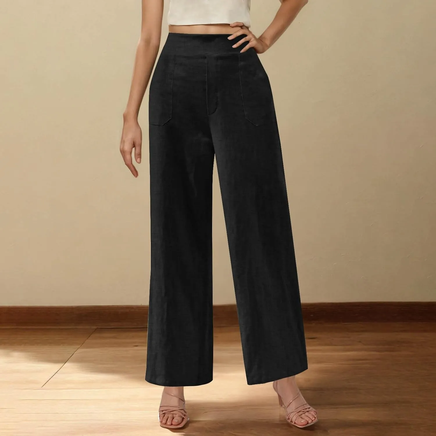 Summer Pants for Women Dressy Linen Pants Women Summer High Waisted Wide Leg Linen Pants Trousers with Pockets