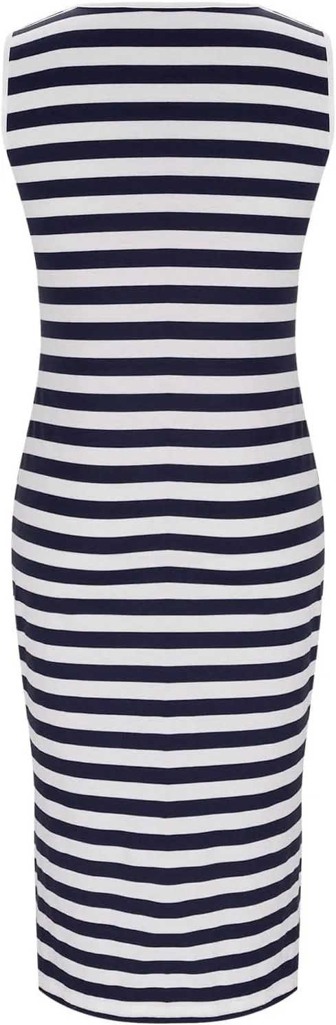 Sundresses for Women 2025 Casual V Neck Sleeveless Tank Sweatdress Summer Drawstring Slim Striped Slit Midi Dress