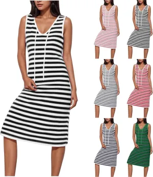 Sundresses for Women 2025 Casual V Neck Sleeveless Tank Sweatdress Summer Drawstring Slim Striped Slit Midi Dress