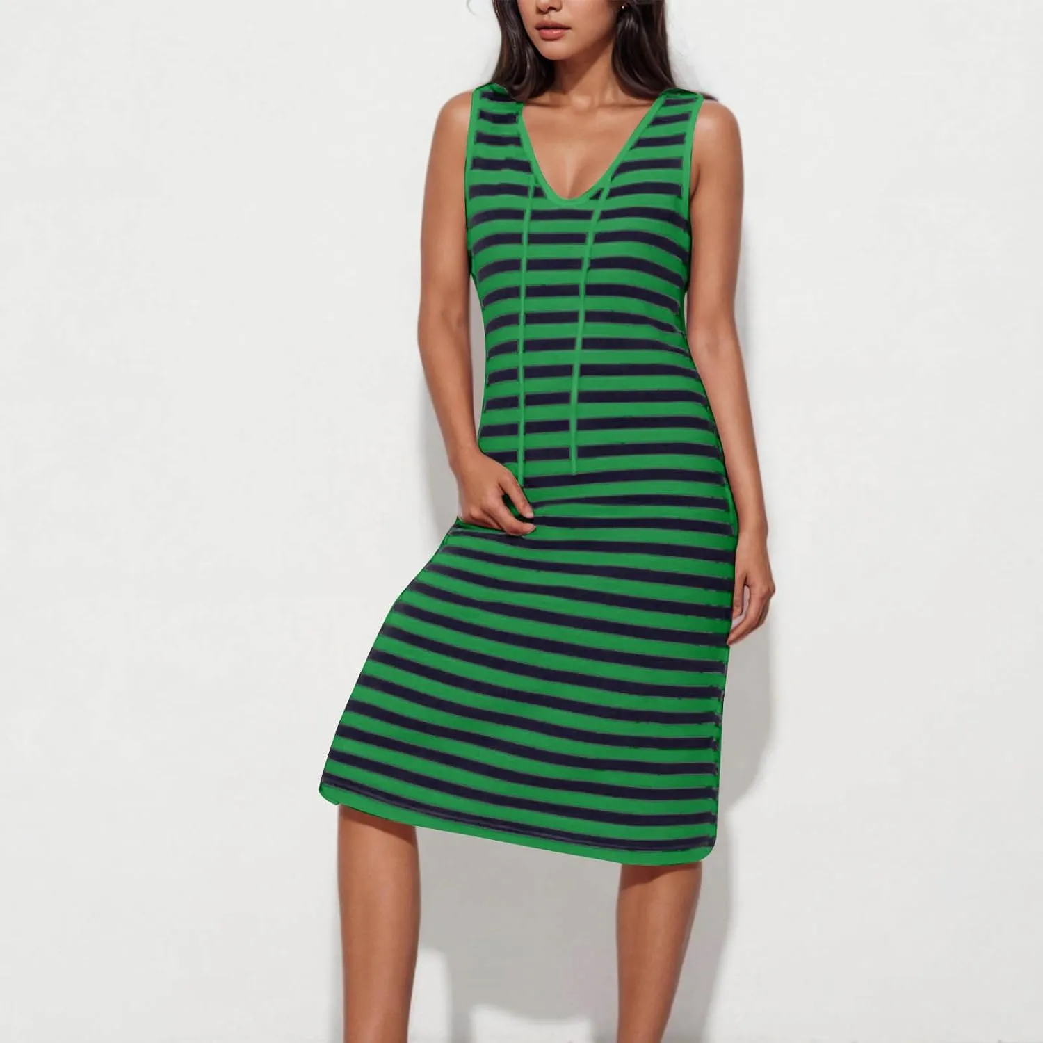 Sundresses for Women 2025 Casual V Neck Sleeveless Tank Sweatdress Summer Drawstring Slim Striped Slit Midi Dress