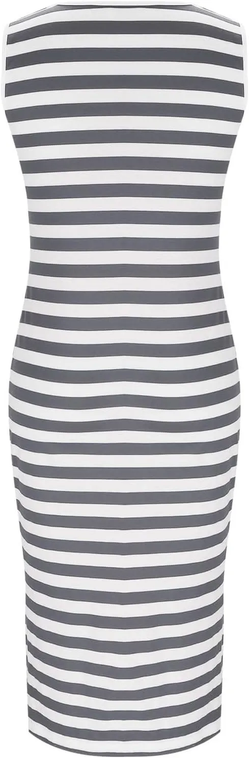 Sundresses for Women 2025 Casual V Neck Sleeveless Tank Sweatdress Summer Drawstring Slim Striped Slit Midi Dress